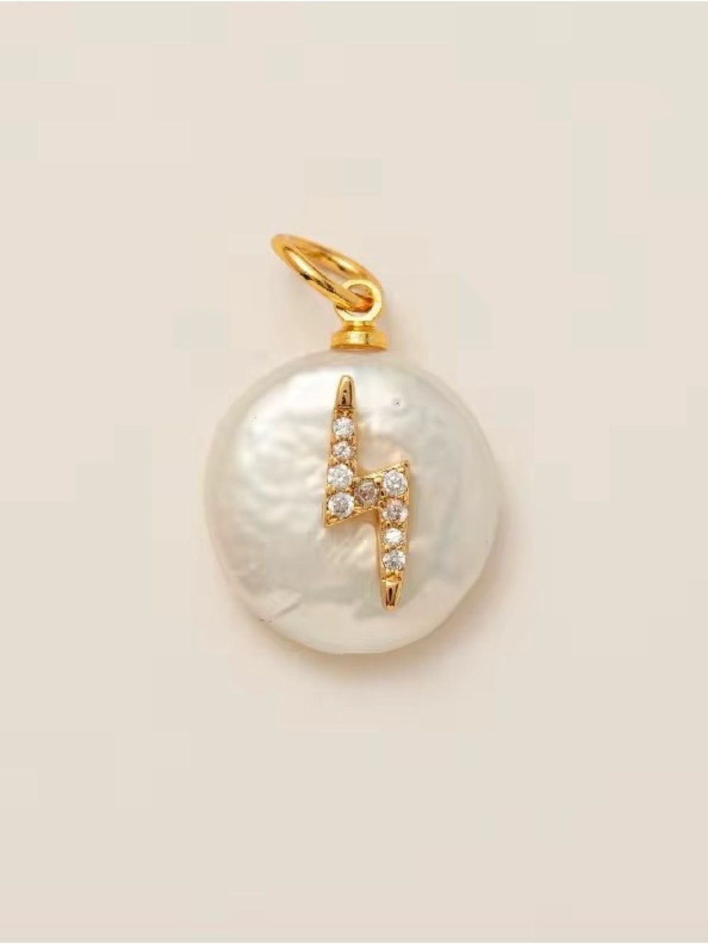 Gold and White Baroque Pearl Lightning Charm Pendant